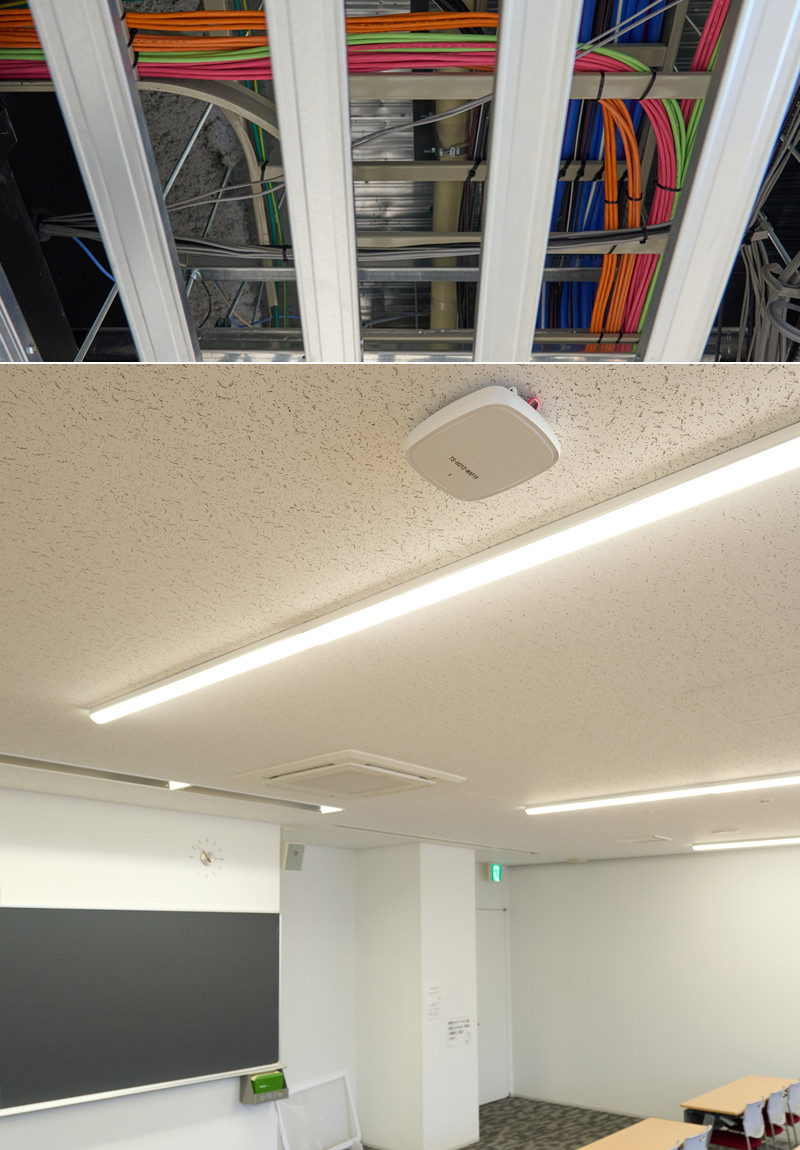 上／一部の天井はケーブル類をあえて見せる設計で管理も容易。下／教室に設置された無線アクセスポイント