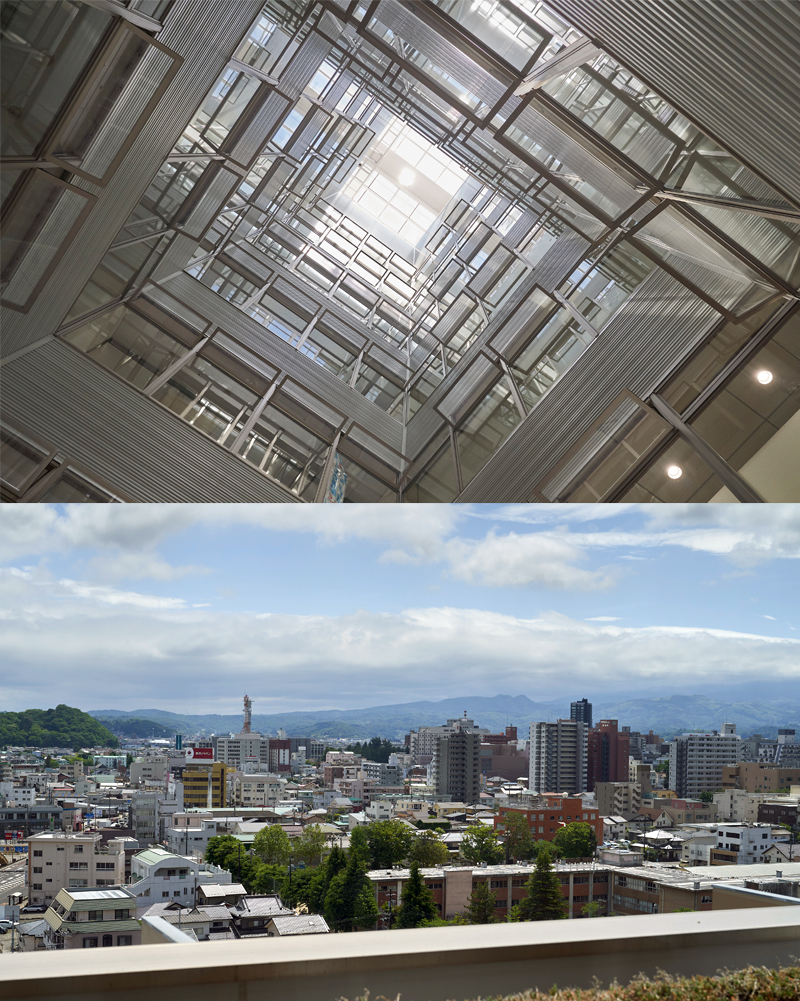 イメージ：福島市役所本庁舎。吹き抜け空間「エコシャフト」（上）を設けた環境にやさしい設計。眺望抜群の市民ロビーも設置（下）