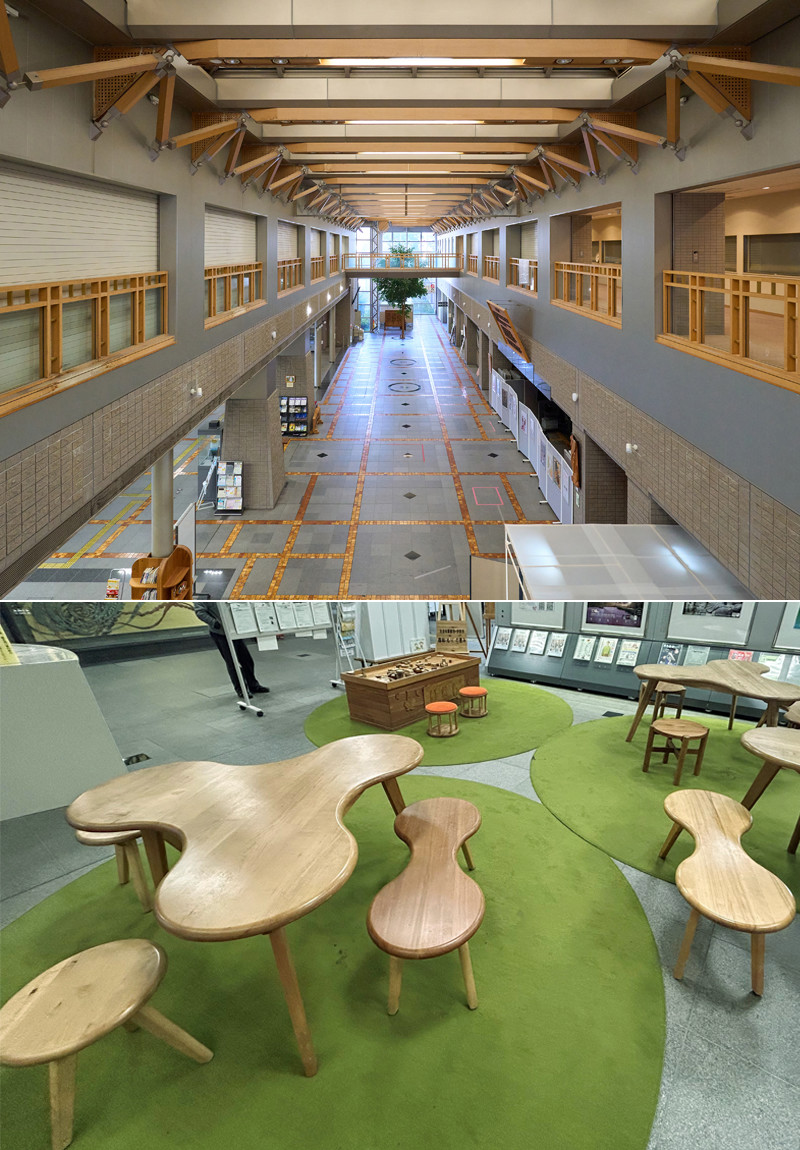 イメージ：伊那市役所本庁舎の吹き抜け。天井や2階の手すりに地域産材が使われている（上）。待合スペースのテーブルやオモチャも地域産材でできている。木のぬくもりをPRした一角（下）