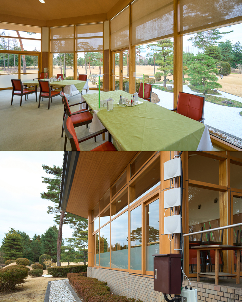 イメージ：西コースの食堂と外壁に設置したPicoCELAの親機。本体を自然に近い茶色で塗装