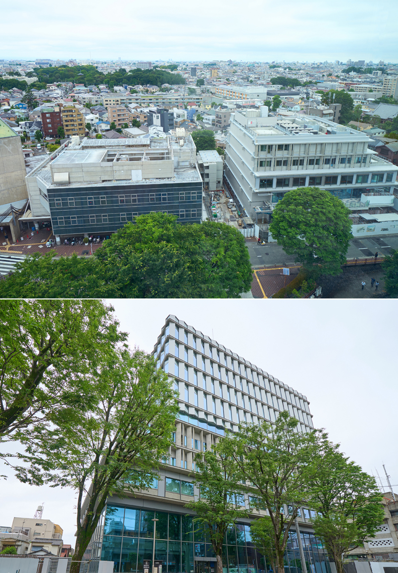 イメージ：2024年春に新庁舎第1期棟の西棟（上右）と東棟（下）が完成。第三庁舎（上左）は2期工事予定