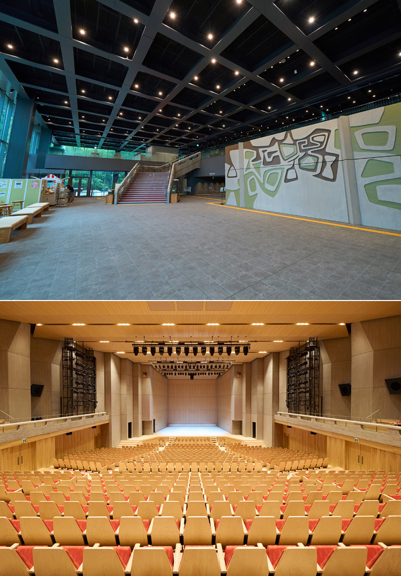 イメージ：東棟1階のエントランスホール。大澤昌助氏原画作成のレリーフを設置（上）。東棟に併設された区民会館もリニューアル（下）