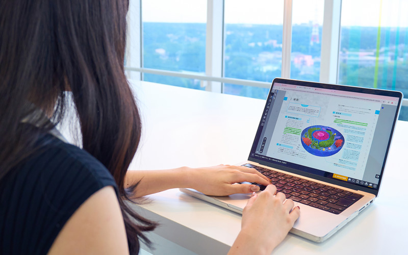 イメージ：学生の自発的な学びをサポートする電子教科書。図表も大きく表示でき、見やすい