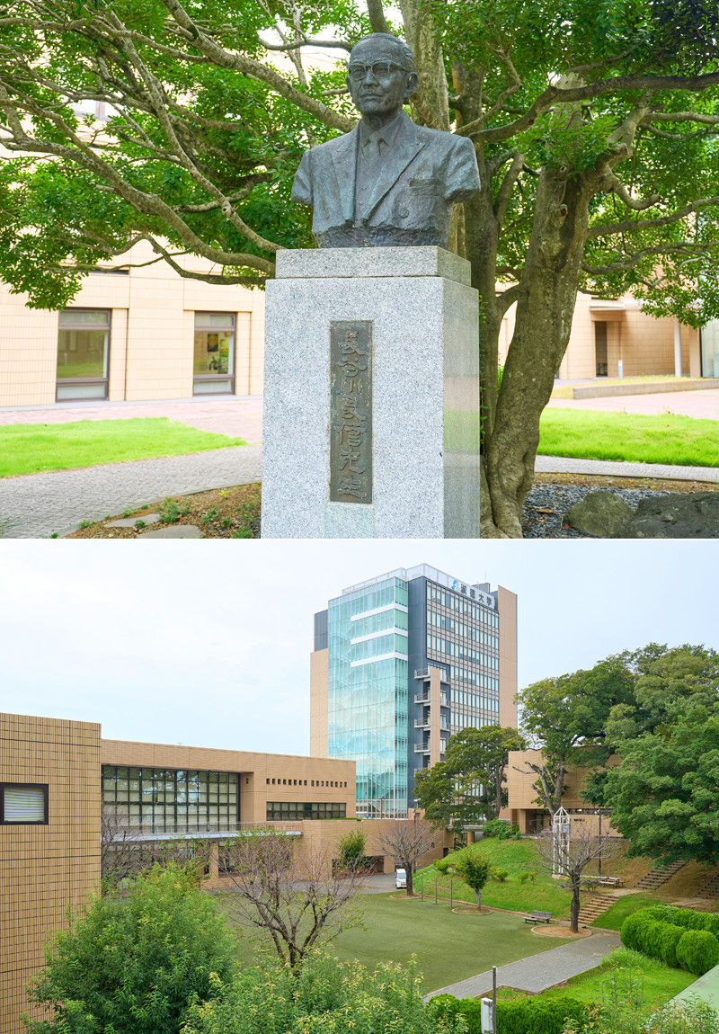 イメージ：上／淑徳大学創立者 長谷川良信学長の胸像。下／レンガづくりの校舎が並ぶ千葉キャンパス