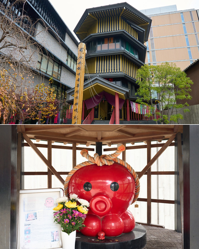 イメージ：大学のボランティアが南三陸で活動した縁から、構内のすがも鴨台観音堂の正面に南三陸の震災復興イメージキャラクター、オクトパス君の像を設置