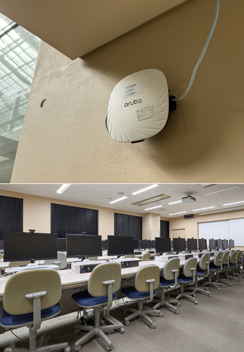 イメージ：構内のアクセスポイントを刷新し、通信環境を大幅に改善（上）。BYODが浸透しているが、パソコンルームもある（下）