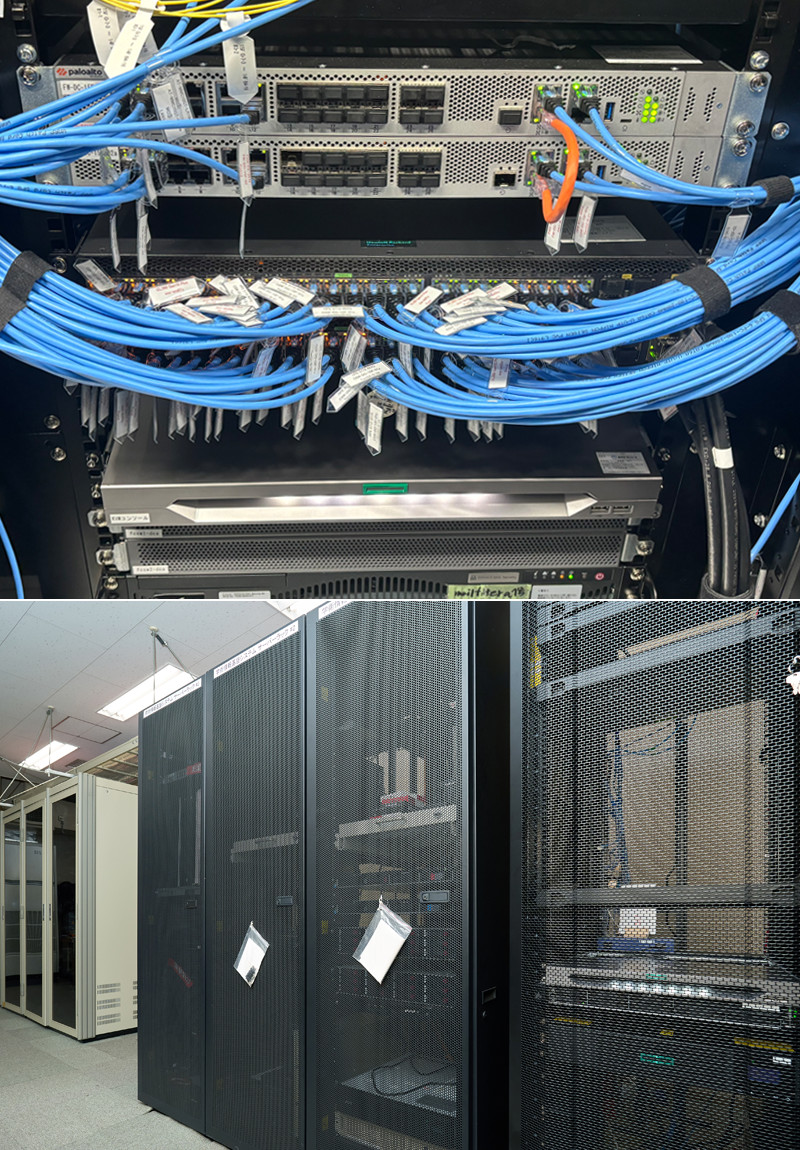 イメージ：先進のセキュリティ機能で学術情報基盤システムを支える次世代ファイアウォール（上）。府中キャンパスの学術情報基盤システム用サーバラック（下）