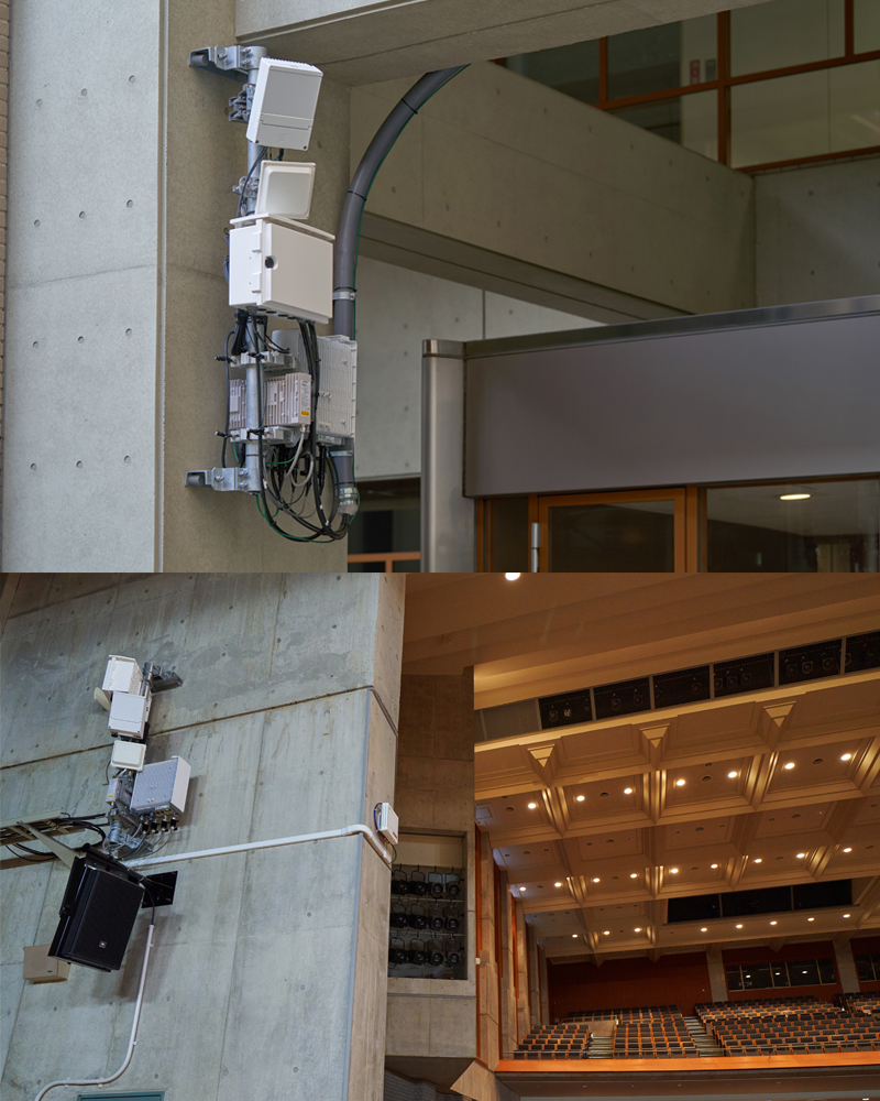 イメージ：イニシアティブ交流スペース向け（上）には実績のあるミリ波アンテナを設置。講堂大ホール（下）にはSub6とミリ波アンテナを設置。