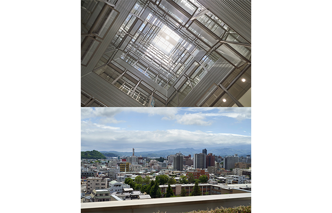 福島市役所本庁舎。吹き抜け空間「エコシャフト」（上）を設けた環境にやさしい設計。眺望抜群の市民ロビーも設置（下）