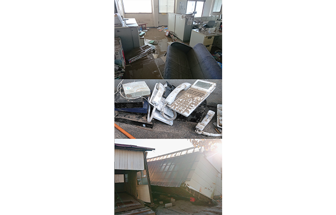台風第19号で浸水した事務所室内は機能停止状態、本社事務所前の倉庫も大きく傾いた
