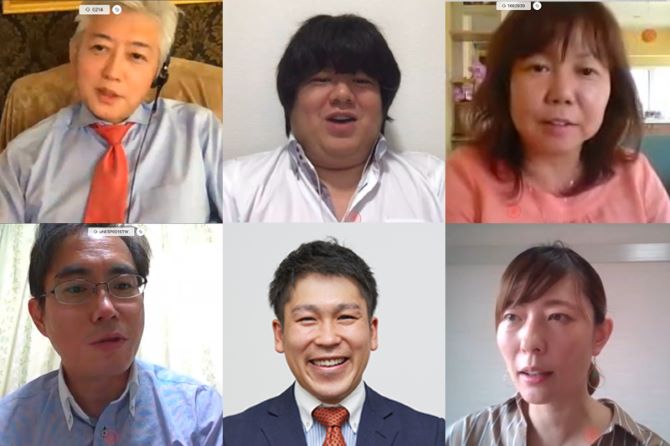 本取材はWeb会議ツールを使ってリモートで実施した。（上段左から）株式会社アウトソーシングビジネスサービス 代表取締役社長 眞鍋 謹志氏、総務課 係長 本木 康一氏、NTT東日本 東京西支店 ビジネスイノベーション部 草野 美紀、（下段左から）薬丸 克久、今岡 類、ライター古屋 江美子。