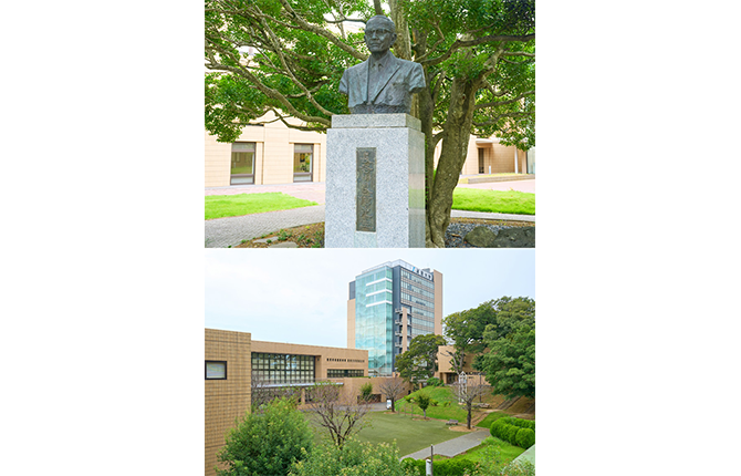 上／淑徳大学創立者 長谷川良信学長の胸像。下／レンガづくりの校舎が並ぶ千葉キャンパス