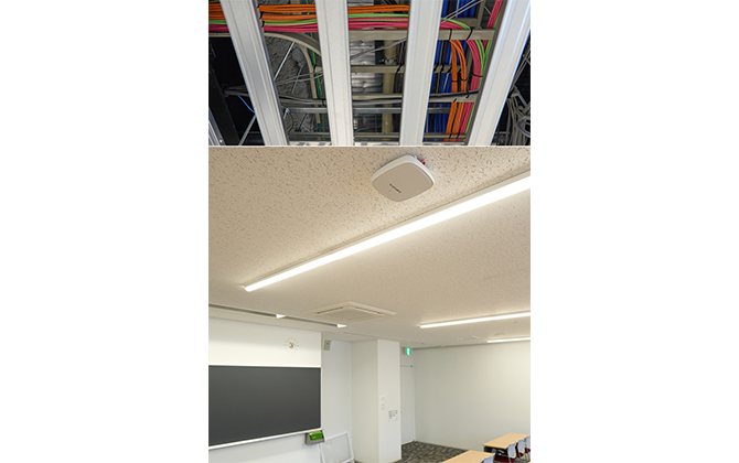 上／一部の天井はケーブル類をあえて見せる設計で管理も容易。下／教室に設置された無線アクセスポイント