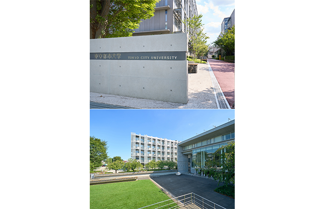 東京都市大学の世田谷キャンパス（上）。図書館に隣接する9号館（SAKURA CENTER）は体育館や学生食堂などが一体化した地上4階・地下1階の複合施設（下）