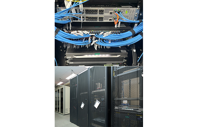 先進のセキュリティ機能で学術情報基盤システムを支える次世代ファイアウォール(上)。府中キャンパスの学術情報基盤システム用サーバラック(下)