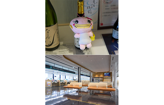 吉川市イメージキャラクター「なまりん」。市役所入口には特産品の展示がある（上）。明るく開放的な雰囲気の吉川市役所（下）