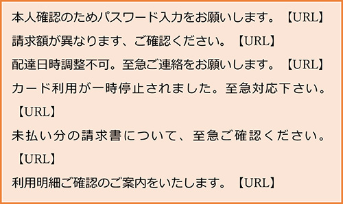 SMSにて実際に送付されたスミッシングメールの文面例