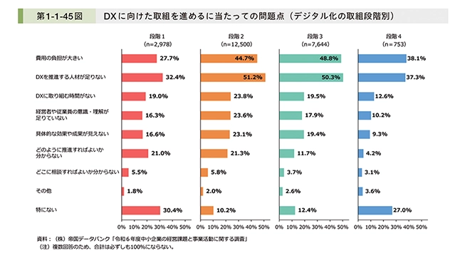 イメージ：DXに向けた取組を進めるに当たっての問題点(デジタル化の取組段階別)
