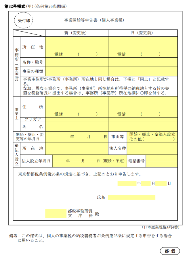 イメージ：個人事業開始申告書