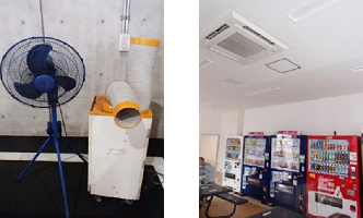 イメージ:作業場所にスポットクーラーや業務用扇風機を設置。 休憩場所にクーラー、飲料自動販売機を常設。