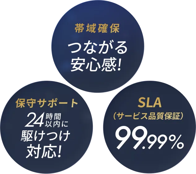 帯域確保でつながる安心。SLA（サービス品質保証）は99.99%！故障時は24時間以内に駆けつけ対応。