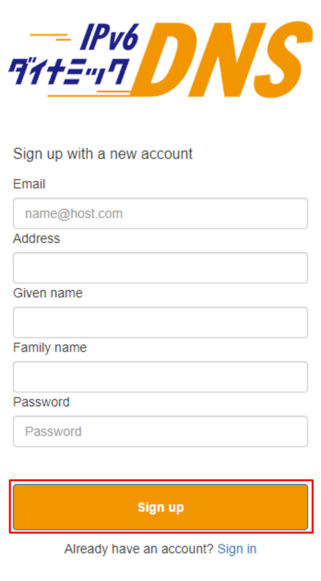 ユーザー情報を入力し「Sign up」をクリック